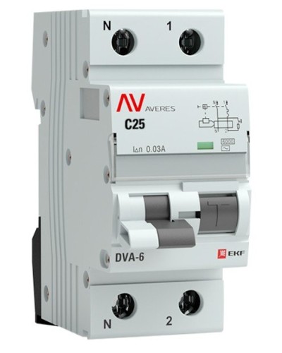DVA-6 1P+N 25А (C) 30мА (AC) 6кА  AVERES (rcbo6-1pn-25C-30-ac-av). Автоматический выключатель дифференциального тока. EKF в Чите